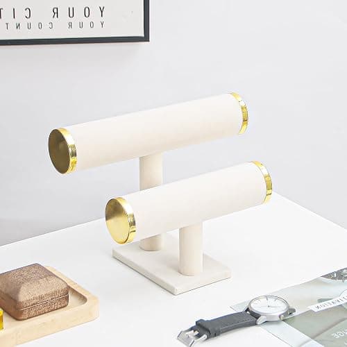 Justsoso 2 Tier Bracelet Holder Stand, Bangle Watches Display, Velvet Bracelet Jewelry Storage Organizer Rack, Hairband Scrunchie Show Tower Shop Selling or Home Use (Beige) thumbnail 7