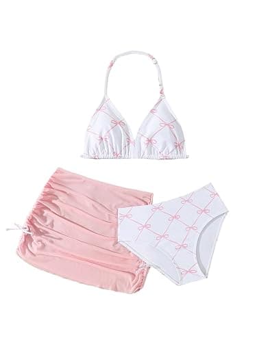 RoseSeek Girl's 3 Piece Cute Bowknot Bathing Suit Halter Triangle High Waisted Swimsuit with Beach Cover Up Skirt - Image 1
