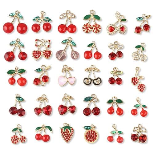 30Pcs 3D Enamel Cherry Charm Pendants for Necklaces Red Pink Cute Fruit Charms for Jewelry Making Alloy Strawberry Charms for Bracelets DIY Earrings Keychains Craft Charm Women Jewelry Accessories - Image 1