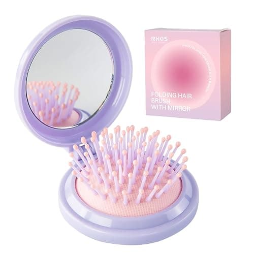 RHOS Hair Brush with Mirror for Women, Girls - Compact Folding Brush with Soft Nylon Bristles and Mirror - Portable Hair Brush for Travel (Purple) - Image 1