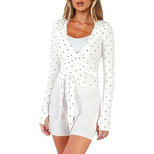 Women Wrap Top Y2K Stretchy Long Sleeve Deep V Neck Cross Tie Workout Ballet Blouse Thumb Hole Pilates Yoga Shirt - Image 1