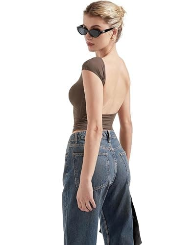 SUUKSESS Women Backless Sexy Going Out Tops Double Lined Open Back Y2k Basic Tee Shirts thumbnail 2