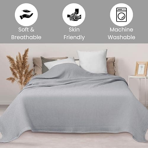 DESTIN HOME Waffle Blanket Prewashed 100% Combed Cotton - Soft Breathable Lightweight All-Season Blanket, Perfect for Bed, Couch, or Layering - Cozy 90x90 Inch Queen Thermal Throw Blanket Light Grey - Light Grey - Queen (90" x 90") thumbnail 3