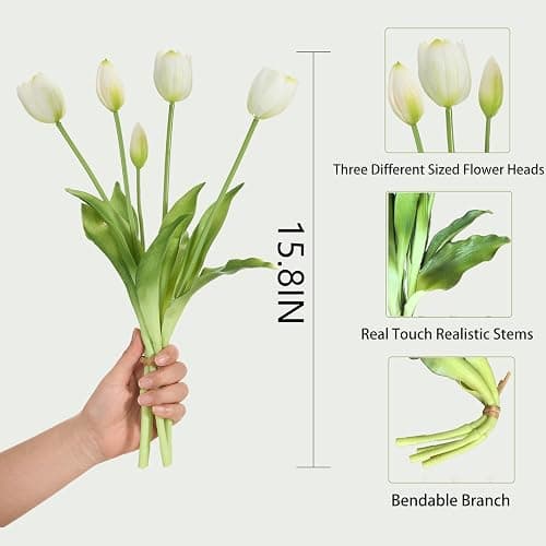 15 Pcs White Tulips Artificial Flowers Faux Tulips Real Touch Latex | Fake Flower Bouquet for Wedding Dining Table Living Room Home Décor Centerpiece Arrangements thumbnail 3