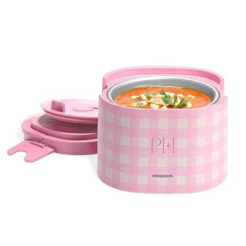 Paris Hilton Electric Lunch Warmer, 20-Ounce Stainless Steel Portable Food Container With Sealing Lid, Removable 2.5-Cup Inner Dish, Gingham Front Design, Pink thumbnail 2