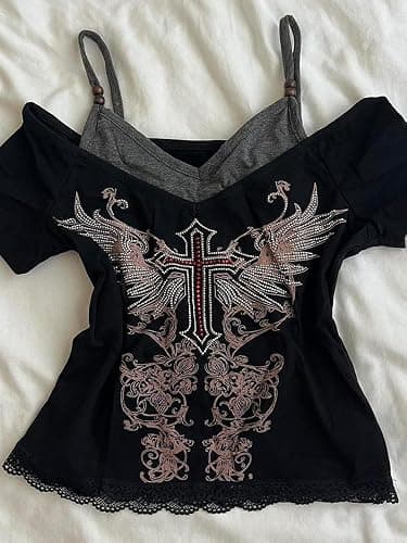 Emo Grunge Shirts Women 2000s Graphic Baby Tees Fake Two Piece Short Sleeve Vintage Y2k Crop Top Goth Alt Clothes thumbnail 3