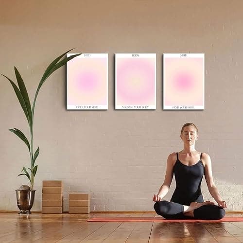Trendy Aesthetic Canvas Wall Art Aesthetic Set of 3 | Gradient Psychedelic Aura Angel Posters Prints Room Decor | Pink Wall Art Decor for Bedroom, Living Room - Framed 16x24 Inch - 16"x24"x3 Framed - Pink thumbnail 4