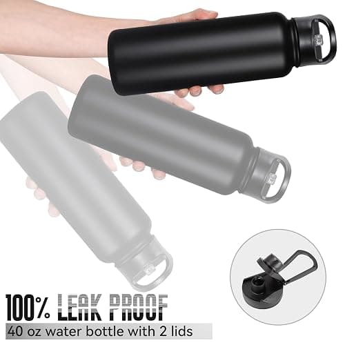 VQRRCKI 40 oz Insulated Water Bottle with Straw, Stainless Steel Sports Water Bottles with 2 Lids (Straw and Wide Mouth lid), Double Wall Vacuum, Leakproof, BPA-Free, Black thumbnail 6