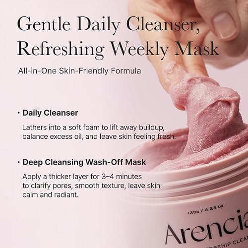 Arencia Rosehip Brightening Rice Mochi Face Cleanser & Daily Scrub - Moisturizing, Exfoliating & Deep-Cleansing - All Skin Types with Rice Powder & Rice Water (4.23oz) thumbnail 7