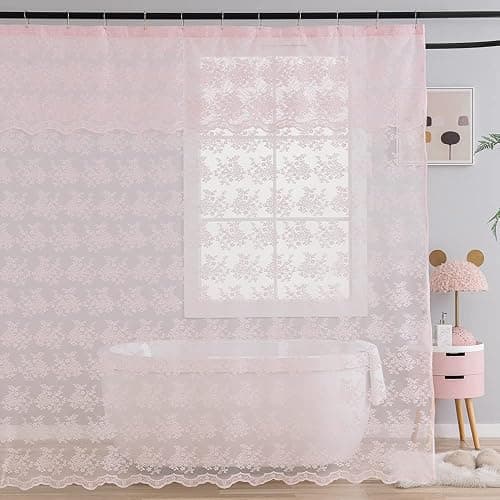 TUDECO Pink Shower Curtain - Shabby Chic Lace Floral Girly Cute Shower Curtain with Attach Valance, Sheer Vintage Coquette Aesthetic Bathroom Curtain, Scalloped Edge Top, 72 x 72 Inch, Light Pink thumbnail 7