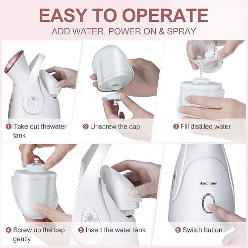 Facial Steamer, Amconsure Nano Ionic Face Steamer for Home, 100ML Warm Mist Humidifier for Women Moisturizing, Unclogs Pores-Bonus Stainless Steel Skin Kit and 2 Face Scrubbers thumbnail 7
