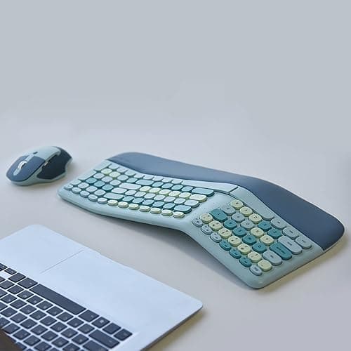 Wireless Ergonomic Keyboard and Mouse Combo with PU Wrist Rest, Carpal Tunnel Keyboard, 2.4G Colorful Split Ergo Keyboard, Comfortable Natural Typing, Compatible with PC/Laptop (Blue) thumbnail 4
