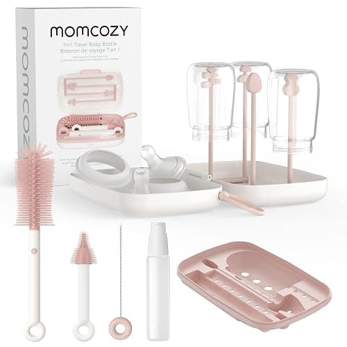 Momcozy 7-in-1 Baby Bottle Cleaner Kit with Silicone, Nipple & Straw Brushes, Soap Dispenser and Drying Rack - Portable Cleaning Tool for Home and Travel, Pink - Image 1