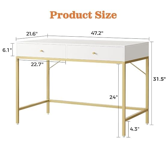 SUPERJARE Vanity Desk with Drawers, 47 inch Computer Desk, Modern Simple Home Office Desks, Makeup Dressing Table for Bedroom - White and Gold thumbnail 3