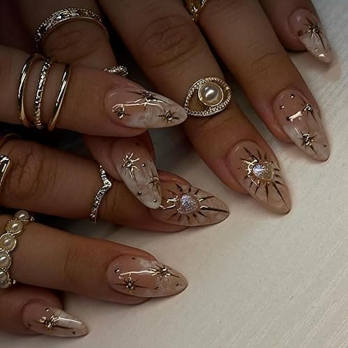 XZMeiLun 3D Sun Stars Gold Press On Nails Almond Short Medium, Gold Charms Designer Reusable Acrylic Nails Press Ons, Fake Nails With Cute Charms Glue On Nail, Daily Wear False Nail For Women
