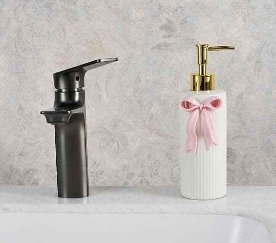 NEWHENGS Handmade Ceramic Bow Soap Pump Dispenser Hand Lotion Liquid Dispenser Refillable for Kitchen and Bathroom Decorative (Ribbon Pink) thumbnail 2