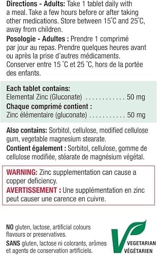 Jamieson Ultra Strength Zinc 50 mg, Supports Immune Health, Tissue Formation, and Healthy Skin. Vegetarian, Non-GMO, Gluten-Free, 100 Tablets, Proudly Canadian thumbnail 4