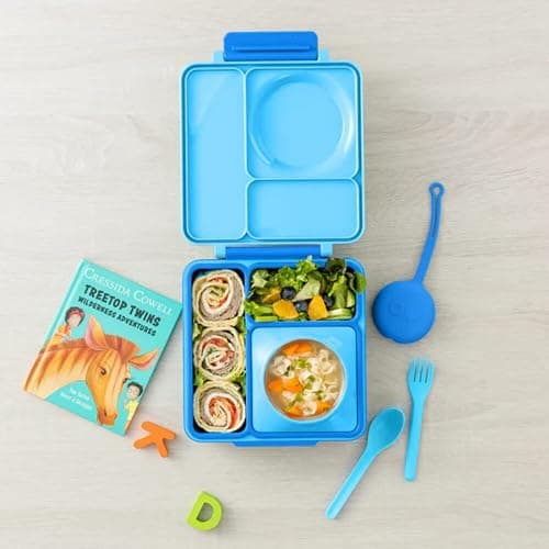 OmieBox Bento Box for Kids - Insulated Bento Lunch Box with Leak Proof Vacuum Insulated Food Jar - 3 Compartments, Two Temperature Zones (Blue Sky) thumbnail 2