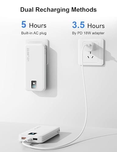 Rngsnoy Portable Charger 12000mAh 22.5W w/Built-in Cable & Wall Plug White | 22.5W fast charging, LED display, Charging 5 devices at once, Pass through charging, TSA approved, Compatible with iPhone thumbnail 8