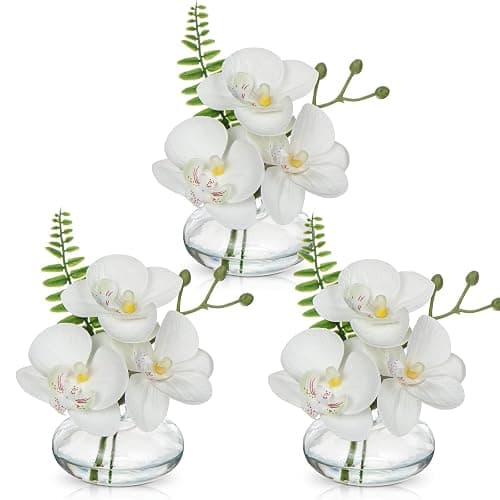 White Orchids Artificial Flowers Faux Orchids Arrangement in Clear Glass Vases Set of 3 Real Touch Phalaenopsis Orchid Flowers Small Fake Orchid Centerpiece for Dining Room Table - Image 1