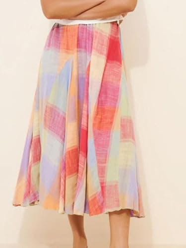 CHARTOU Women Multicolour Plaid Ruffle Elastic Waist Flowy Long Skirt Summer Ruche Color Block Gingham Skirt thumbnail 3