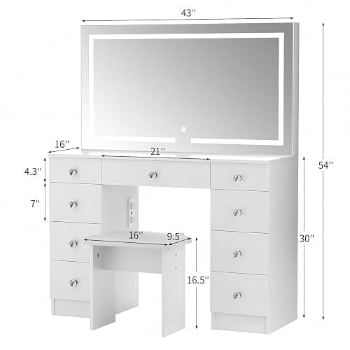 VOWNER Vanity With Lighted Mirror - Makeup Desk With Power Outlet and 9 Drawers, 3 Color Lighting Modes Adjustable Brightness, 43" Table With Soft Cushioned Stool for Bedroom, White thumbnail 2