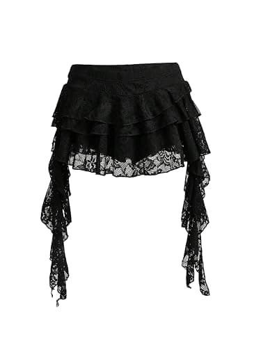 Women's Y2K Mini Skirt Ruffle Lace Mesh Asymmetrical Flowy Short Skort | Bulit-in shorts, layered pleated low rise design, boho/gothic/western style, for rave party/country concert thumbnail 5