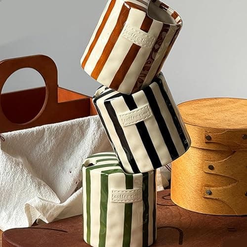 Retro Striped Ceramic Mark Hand-Painted Cup, Vintage Hand-Held Double-Enjoy Cup, Unique Ceramic Coffee Milk Tea Mug, Non Slip Hot Cold Drinks Mug, For Christmas Holiday Winter Gift (Black) thumbnail 5