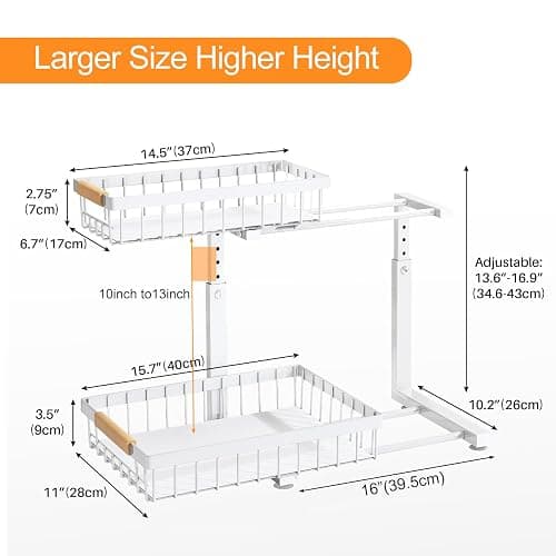 PXRACK Under Sink Organizer, Adjustable Height, 2 Tier Pull Out Under Cabinet Organizer, Slide Out Thickened Metal Under Sink Storage for Kitchen Bathroom Laundry Pantry Cabinet, White, Large-2-Pack thumbnail 8