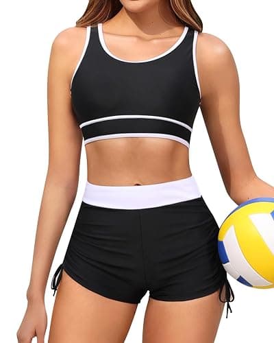 Holipick Women's Sporty Bikini Sets Two Piece Color Block Swimsuit Bathing Suits with High Waisted Boy Shorts Bottom - Image 1