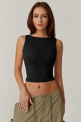 QINSEN Women's Sexy Open Back Sleeveless Crop Tank High Neck Slim Fit Cropped Tee Shirt Y2k Tops thumbnail 2
