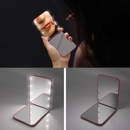 Kintion Pocket Mirror, 1X/3X Magnification LED Compact Travel Makeup Mirror with Light for Purse, 2-Sided, Portable, Folding, Handheld, Small Lighted Mirror for Gift, Wine Red thumbnail 3