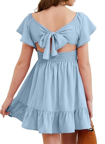 DOKOTOO KIDS Girls Summer Short Sleeve Tie Back Dress Size 4-15 Years Old | Low Elastic Fabric, Ruffles, One Shoulder, Off Shoulders, Hollow out, Smocked Waist, Lined, Wedding Party Dress - Image 1