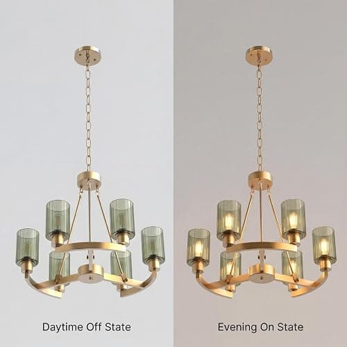 Virelite Modern Gold Chandelier 6-Light - 24" Olive Green Fluted Glass Pendant Light, High-End Brass Hanging Ceiling Fixture for Dining Room, Kitchen Island, Living Room thumbnail 6