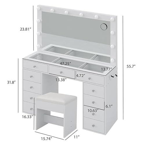 Vanity Desk with Mirror, Makeup Table with Power Outlet and 11 Lights, Set 3 Lighting Modes Brightness Adjustable, Vanity Table with 11 Drawers and Cushioned Stool for Bedroom, Dressing Room (White) thumbnail 2