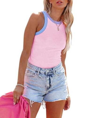 siliteelon Womens Colorblock Racerback Crew Neck Casual Basic Ribbed Fitted Tank Top Sleeveless Camis - Image 1