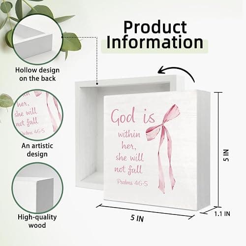 Coquette Dorm Decor, Pink Bow Christian Gifts for Women Faith, Inspirational Bible Verse Wooden Box Sign, Girly Wall Decor for Girls Room College Apartment Dorm Decoration thumbnail 3