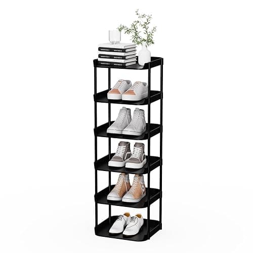 Altdnmaf 6 Tier Vertical Narrow Shoe Rack, Stackable Tall Skinny Shoerack, Compact Single Shoes Storage Tower for Slim Space, Corner Plastic Shelves, for Hallways, Entryway, Bedrooms Organizer, Black - Image 1