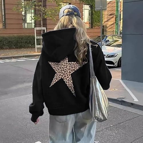 heyheyshine Star Graphic Hoodies Oversized Y2k Leopard Print Hooded Sweatshirt Cheetah Hoodie Streetwear Unisex Pullover Tops - Black - Small thumbnail 2