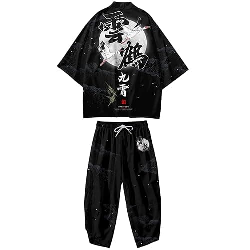 DOSLAVIDA Men's Japanese Kimono Cardigan Suit Chinese Style Printed Jacket Pants Set Open Front Seven Sleeve Top & Shorts - Image 1