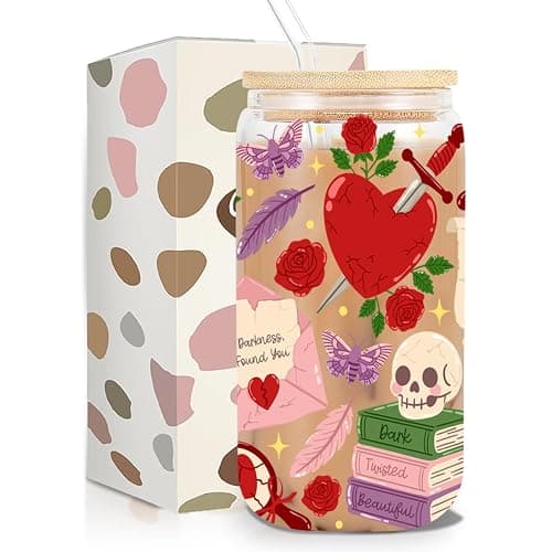 kdxpbpz Dark Romance Book Lover Iced Coffee Cup, Fantasy Bookish Glass Tumbler, 16 oz Cozy Reading Coffee Glass Cup with Lid Straw, Christmas Stocking Stuffers, Dark Academia Book Lover Gift - Image 1