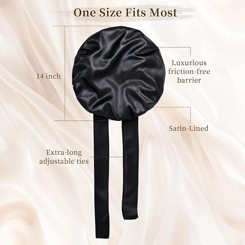 Silk Bonnet Satin Bonnet for Sleeping Large Bonnets with Tie Band Hair Wrap with Adjustable Straps Hair Cap for Women Curly Black thumbnail 7