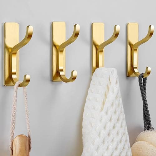 WALL | Amazon | Self Adhesive Wall Hooks for Hanging: Stick-On Hooks Hold 13 LB, Coat Hook,Towel Hooks For Bathrooms,Shower Hooks for Wall,Door Hooks Hanging Towel, Kitchen Hook,Metal hooks for hanging,Gold 4 Pack - Gold - 4 Pack - Image 1