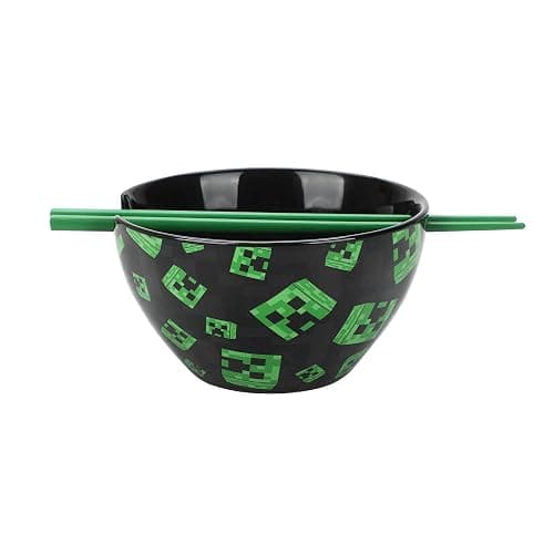 Bioworld Minecraft Creeper Faces 20 Oz Black Ceramic Ramen Bowl With Plastic Chopsticks thumbnail 3