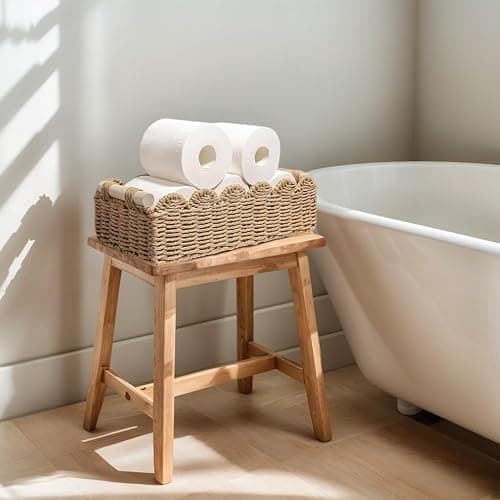 Scalloped Edge Bathroom Counter Organizer Basket with Wooden Handles, Khaki Paper Rope Toilet Tank Top Basket, Toilet Paper Storage Basket for Vanity, Shelves – 14" x 6.3" x 3.9" thumbnail 9