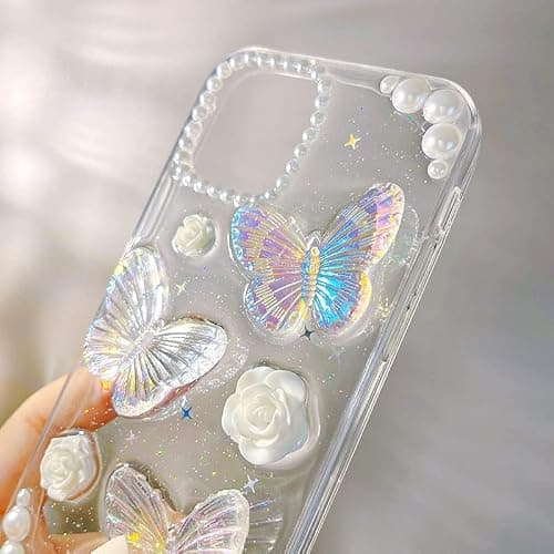 Changjia for iPhone 17 Clear Glitter Case, Cute Girly 3D Butterfly Floral Flowers Crystal Pearl Bling Sparkle Shiny with Wrist Strap Soft TPU Aesthetic Women Girls Phone Case for iPhone 17 6.3", Clear thumbnail 6