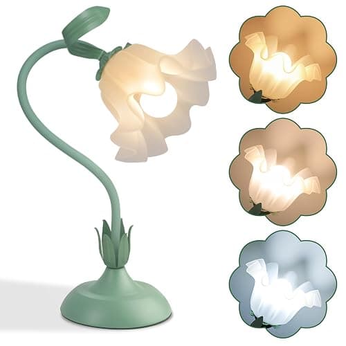 Flower Desk Lamp,LED Reading Light Bedside Vintage Flower Night Light,3 Colors Modes Cute Bedside Lamps Decor,Living Room Bedroom Room Kawaii Lighting Table Lamps Home Decoration (Green) - Image 1