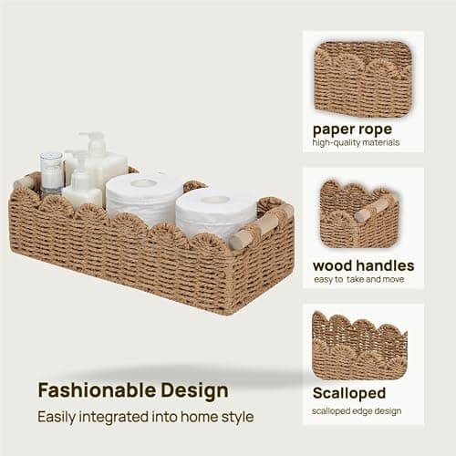Scalloped Edge Bathroom Counter Organizer Basket with Wooden Handles, Khaki Paper Rope Toilet Tank Top Basket, Toilet Paper Storage Basket for Vanity, Shelves – 14" x 6.3" x 3.9" thumbnail 8