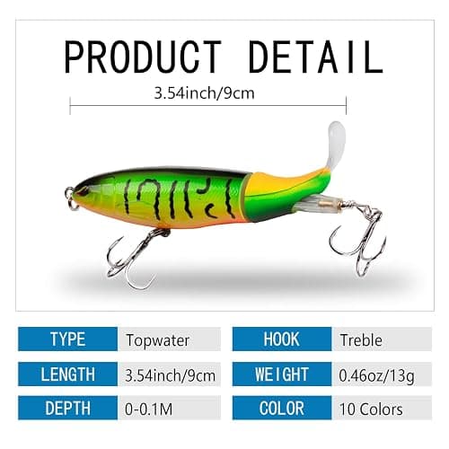 RTGSE 10Pcs Whopper Fishing Lure for Bass Popper Top Water Fishing Lures with Floating Rotating Tail Barb Treble Hooks in Saltwater Freshwater Plopping Lures Kit thumbnail 3