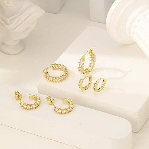 ASCOMY Gold Hoop Earrings Set for Women - 14K Gold/White Gold Plated Huggie Hoops, Cubic Zirconia Studs, Chunky Open Hoops - CZ Jewelry Gifts thumbnail 6